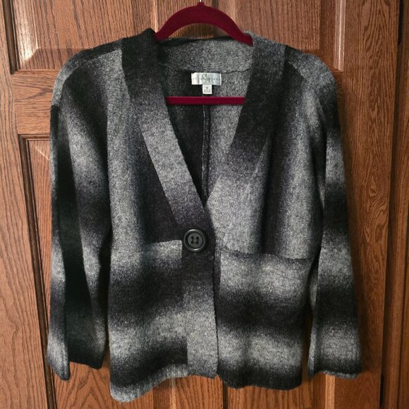 Vintage Studio Works Cardigan Sweater M Black Gray Ombre Stripe Knit Button VNec - Picture 1 of 13